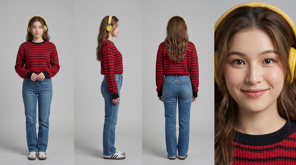 Woman in a red striped sweater, jeans, and yellow headphones shown from front, side, back, and close-up views