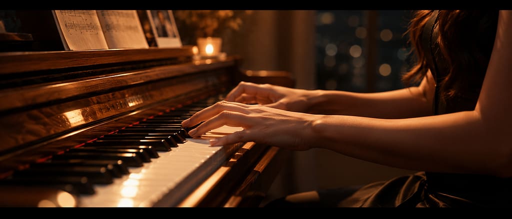 Woman playing piano by candlelight in a warm, retro-style room