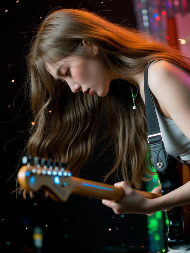 Woman playing electric guitar, colorful bokeh backdrop, looking down