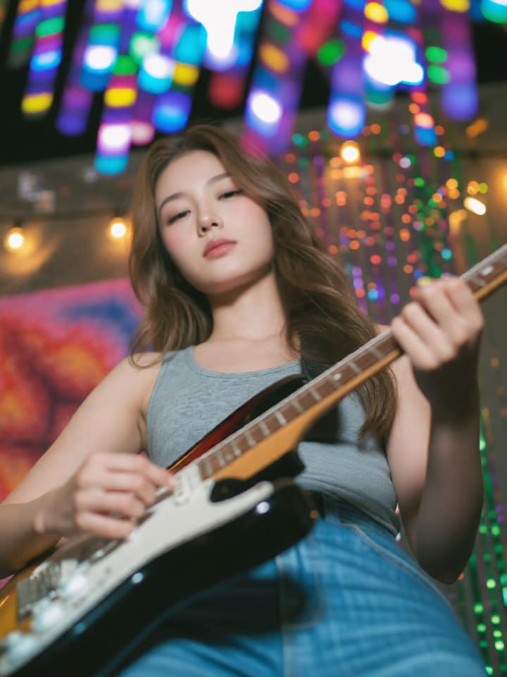 Woman playing an electric guitar amid colorful retro lights