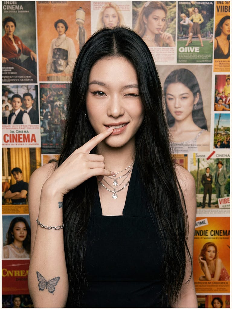 Close-up of a woman winking and touching her lower lip, posed before a wall of vintage cinema posters